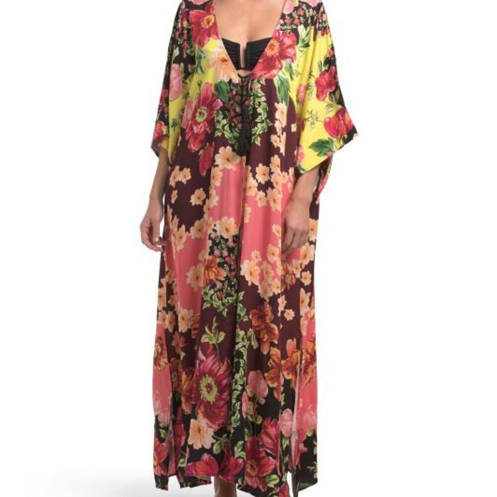 NWT AGUA BENDITA Selma Dawn Floral Maxi Cover Up Tunic Dress Tassel Tie V Neck